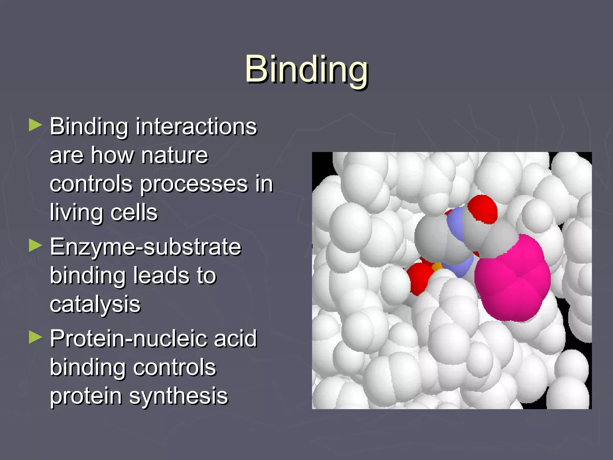 BindingBinding
► Binding interactionsBinding interactions
are how natureare how nature
controls processes incontrols processes in
living cellsliving cells
► Enzyme-substrateEnzyme-substrate
binding leads tobinding leads to
catalysiscatalysis
► Protein-nucleic acidProtein-nucleic acid
binding controlsbinding controls
protein synthesisprotein synthesis
 