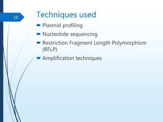 Techniques used
 Plasmid profiling
 Nucleotide sequencing
 Restriction Fragment Length Polymorphism
(RFLP)
 Amplification techniques
10
 