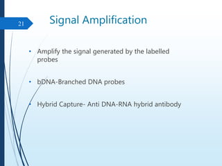 Signal Amplification
• Amplify the signal generated by the labelled
probes
• bDNA-Branched DNA probes
• Hybrid Capture- Anti DNA-RNA hybrid antibody
21
 