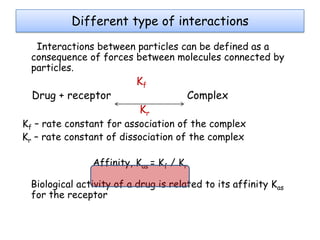 Different type of interactions
Interactions between particles can be defined as a
consequence of forces between molecules connected by
particles.

Drug + receptor

Kf

Kr

Complex

Kf – rate constant for association of the complex
Kr – rate constant of dissociation of the complex
Affinity, Kas = Kf / Kr
Biological activity of a drug is related to its affinity Kas
for the receptor

 