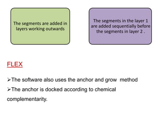 The segments are added in
layers working outwards

The segments in the layer 1
are added sequentially before
the segments in layer 2 .

FLEX
The software also uses the anchor and grow method

The anchor is docked according to chemical
complementarity.

 