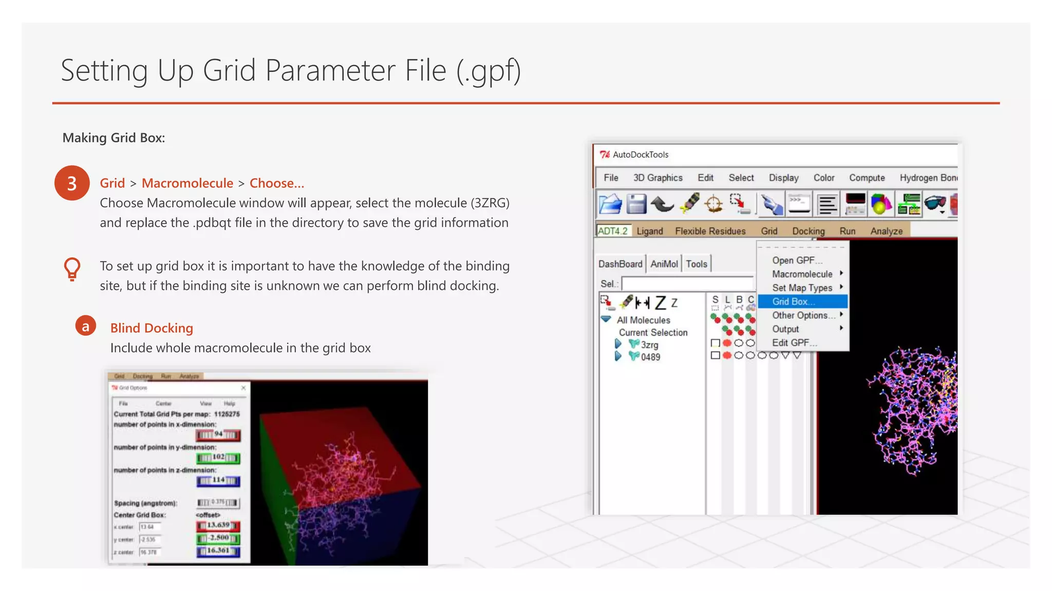 Setting Up Grid Parameter File (.gpf)
Making Grid Box:
3 Grid > Macromolecule > Choose…
Choose Macromolecule window will appear, select the molecule (3ZRG)
and replace the .pdbqt file in the directory to save the grid information
To set up grid box it is important to have the knowledge of the binding
site, but if the binding site is unknown we can perform blind docking.
a Blind Docking
Include whole macromolecule in the grid box
 