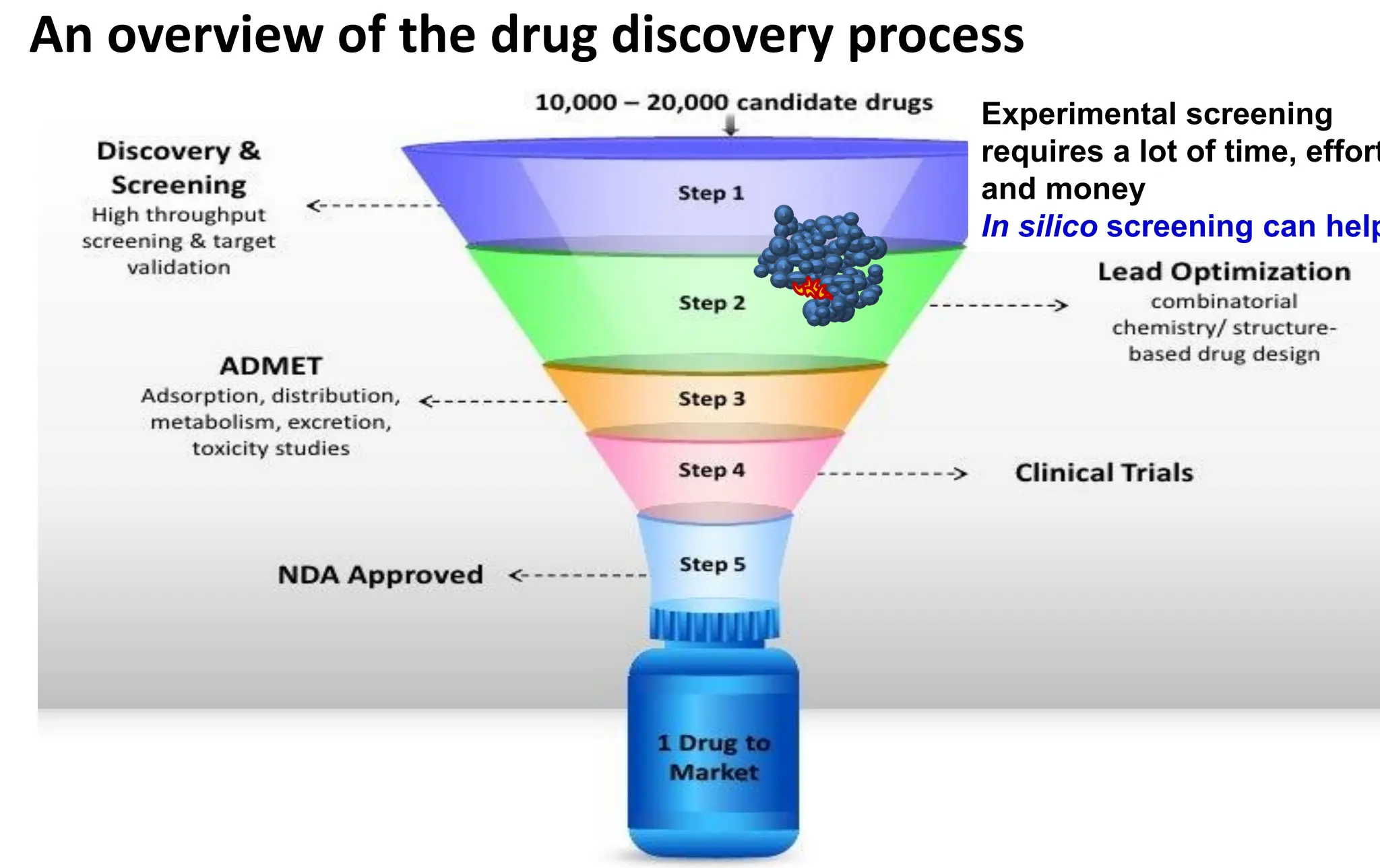 An overview of the drug discovery process
Experimental screening
requires a lot of time, effort
and money
In silico screening can help
 