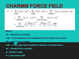 CHARMM FORCE FIELD
Where ;
Kb – Bond force constant
b-b0 – is the distance from equilibrium that the atom has moved.
Kθ – angle force constant
θ-θ0 – is the angle from equilibrium between 3 bonded atoms.
kφ – dihedral force constant
φ– dihedral angle
δ– is the phase shift
 