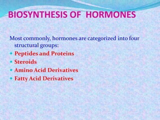 BIOSYNTHESIS OF HORMONES
Most commonly, hormones are categorized into four
structural groups:
 Peptides and Proteins
 Steroids
 Amino Acid Derivatives
 Fatty Acid Derivatives
 