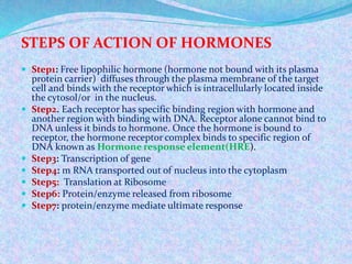STEPS OF ACTION OF HORMONES
 Step1: Free lipophilic hormone (hormone not bound with its plasma
protein carrier) diffuses through the plasma membrane of the target
cell and binds with the receptor which is intracellularly located inside
the cytosol/or in the nucleus.
 Step2. Each receptor has specific binding region with hormone and
another region with binding with DNA. Receptor alone cannot bind to
DNA unless it binds to hormone. Once the hormone is bound to
receptor, the hormone receptor complex binds to specific region of
DNA known as Hormone response element(HRE).
 Step3: Transcription of gene
 Step4: m RNA transported out of nucleus into the cytoplasm
 Step5: Translation at Ribosome
 Step6: Protein/enzyme released from ribosome
 Step7: protein/enzyme mediate ultimate response
 