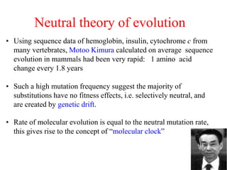 Neutral theory of evolution
• Using sequence data of hemoglobin, insulin, cytochrome c from
many vertebrates, Motoo Kimura calculated on average sequence
evolution in mammals had been very rapid: 1 amino acid
change every 1.8 years
• Such a high mutation frequency suggest the majority of
substitutions have no fitness effects, i.e. selectively neutral, and
are created by genetic drift.
• Rate of molecular evolution is equal to the neutral mutation rate,
this gives rise to the concept of “molecular clock”
 