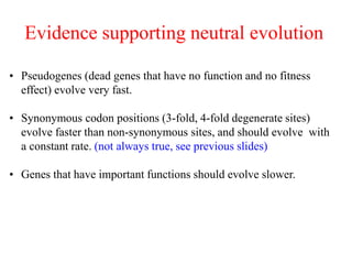 Evidence supporting neutral evolution
• Pseudogenes (dead genes that have no function and no fitness
effect) evolve very fast.
• Synonymous codon positions (3-fold, 4-fold degenerate sites)
evolve faster than non-synonymous sites, and should evolve with
a constant rate. (not always true, see previous slides)
• Genes that have important functions should evolve slower.
 