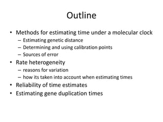 Outline
• Methods for estimating time under a molecular clock
– Estimating genetic distance
– Determining and using calibration points
– Sources of error
• Rate heterogeneity
– reasons for variation
– how its taken into account when estimating times
• Reliability of time estimates
• Estimating gene duplication times
 