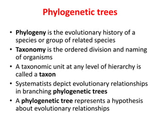 Phylogenetic trees
• Phylogeny is the evolutionary history of a
species or group of related species
• Taxonomy is the ordered division and naming
of organisms
• A taxonomic unit at any level of hierarchy is
called a taxon
• Systematists depict evolutionary relationships
in branching phylogenetic trees
• A phylogenetic tree represents a hypothesis
about evolutionary relationships
 