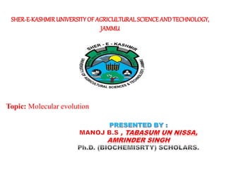 SHER-E-KASHMIRUNIVERSITYOF AGRICULTURAL SCIENCEANDTECHNOLOGY,
JAMMU
Topic: Molecular evolution
 