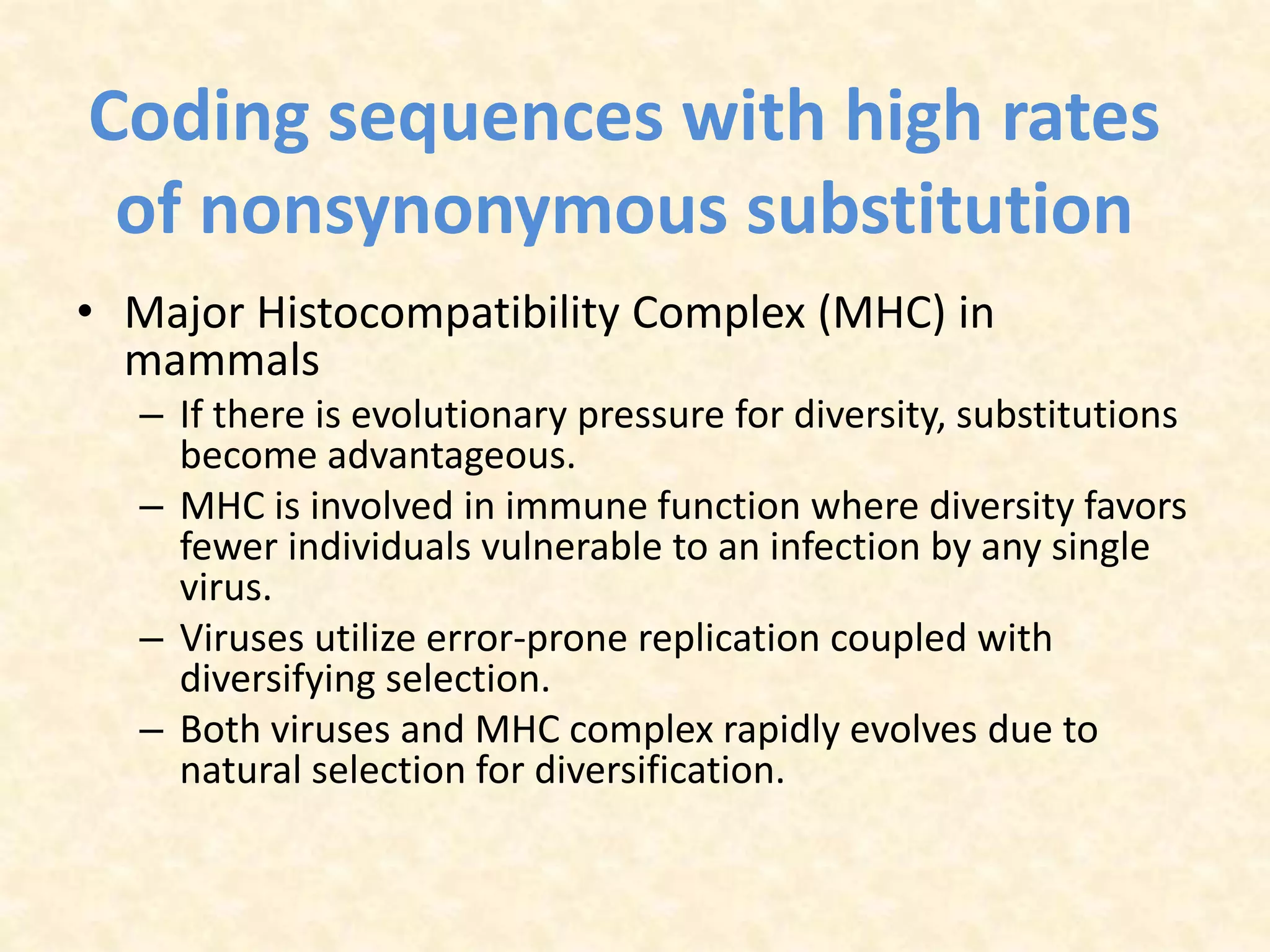 Coding sequences with high rates
of nonsynonymous substitution
• Major Histocompatibility Complex (MHC) in
mammals
– If there is evolutionary pressure for diversity, substitutions
become advantageous.
– MHC is involved in immune function where diversity favors
fewer individuals vulnerable to an infection by any single
virus.
– Viruses utilize error-prone replication coupled with
diversifying selection.
– Both viruses and MHC complex rapidly evolves due to
natural selection for diversification.
 