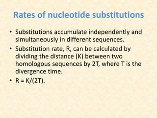 Rates of nucleotide substitutions
• Substitutions accumulate independently and
simultaneously in different sequences.
• Substitution rate, R, can be calculated by
dividing the distance (K) between two
homologous sequences by 2T, where T is the
divergence time.
• R = K/(2T).
 