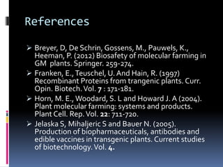 References
 Breyer, D, De Schrin, Gossens, M., Pauwels, K.,
Heeman, P. (2012) Biosafety of molecular farming in
GM plants. Springer. 259-274.
 Franken, E.,Teuschel, U. And Hain, R. (1997)
Recombinant Proteins from trangenic plants. Curr.
Opin. Biotech.Vol. 7 : 171-181.
 Horn, M. E.,Woodard, S. L and Howard J. A (2004).
Plant molecular farming: systems and products.
Plant Cell. Rep.Vol. 22: 711-720.
 Jelaska S, Mihaljeric S and Bauer N. (2005).
Production of biopharmaceuticals, antibodies and
edible vaccines in transgenic plants. Current studies
of biotechnology.Vol. 4.
 