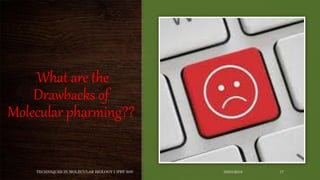 What are the
Drawbacks of
Molecular pharming??
03/01/2018TECHNIQUES IN MOLECULAR BIOLOGY I (PBT 505) 17
 