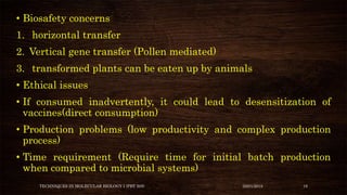 • Biosafety concerns
1. horizontal transfer
2. Vertical gene transfer (Pollen mediated)
3. transformed plants can be eaten up by animals
• Ethical issues
• If consumed inadvertently, it could lead to desensitization of
vaccines(direct consumption)
• Production problems (low productivity and complex production
process)
• Time requirement (Require time for initial batch production
when compared to microbial systems)
TECHNIQUES IN MOLECULAR BIOLOGY I (PBT 505) 03/01/2018 18
 