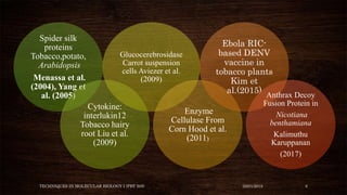 TECHNIQUES IN MOLECULAR BIOLOGY I (PBT 505) 03/01/2018 6
Spider silk
proteins
Tobacco,potato,
Arabidopsis
Menassa et al.
(2004), Yang et
al. (2005)
Cytokine:
interlukin12
Tobacco hairy
root Liu et al.
(2009)
Glucocerebrosidase
Carrot suspension
cells Aviezer et al.
(2009)
Enzyme
Cellulase From
Corn Hood et al.
(2011)
Ebola RIC-
based DENV
vaccine in
tobacco plants
Kim et
al.(2015) Anthrax Decoy
Fusion Protein in
Nicotiana
benthamiana
Kalimuthu
Karuppanan
(2017)
 