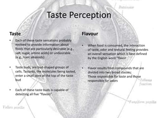 Taste Perception
Taste                                              Flavour
•   Each of these taste sensations probably
  ...