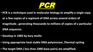 PCR
• PCR is a technique used in molecular biology to amplify a single copy
or a few copies of a segment of DNA across several orders of
magnitude , generating thousands to millions of copies of a particular
DNA sequence.
• Develop in 1983 by kary mullis
• Using appropriate heat stable DNA polymerase ,Thermal cycling
• The target DNA ( less than 1000 base pairs) are amplified.
 