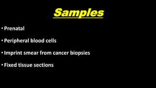 Samples
•Prenatal
•Peripheral blood cells
•Imprint smear from cancer biopsies
•Fixed tissue sections
 