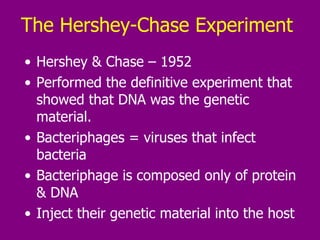 The Hershey-Chase Experiment  Hershey & Chase – 1952 Performed the definitive experiment that showed that DNA was the genetic material.  Bacteriphages = viruses that infect bacteria Bacteriphage is composed only of protein & DNA Inject their genetic material into the host 