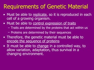 Requirements of Genetic Material Must be able to  replicate , so it is reproduced in each cell of a growing organism.  Must be able to  control expression of traits Traits are determined by the proteins that act within us Proteins are determined by their sequences   Therefore, the genetic material must be able to  encode the sequence of proteins It must be able to  change  in a controlled way, to allow variation, adaptation, thus survival in a changing environment. 
