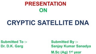 PRESENTATION
ON
CRYPTIC SATELLITE DNA
Submitted To :- Submitted By :-
Dr. D.K. Garg Sanjay Kumar Sanadya
M.Sc (Ag) 1st year
 
