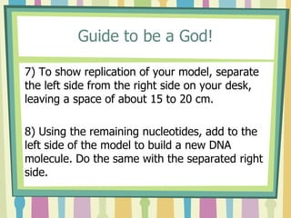 Guide to be a God!
7) To show replication of your model, separate
the left side from the right side on your desk,
leaving a space of about 15 to 20 cm.
8) Using the remaining nucleotides, add to the
left side of the model to build a new DNA
molecule. Do the same with the separated right
side.
 