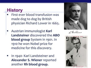 AP Biology
 First ever blood transfusion was
made dog to dog by British
physician Richard Lower in 1665.
 Austrian immunologist Karl
Landsteiner discovered the ABO
blood group System in 1901. In
1910 he won Nobel prize for
medicine for this discovery.
 In 1940- Karl Landsteiner and
Alexander S. Wiener reported
another Rh blood group.
History
 