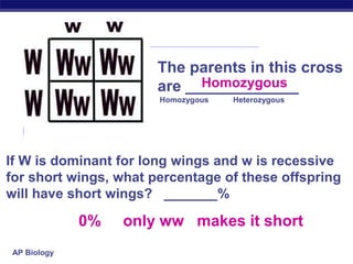 AP Biology
The parents in this cross
are _____________
Homozygous Heterozygous
Homozygous
If W is dominant for long wings and w is recessive
for short wings, what percentage of these offspring
will have short wings? _______%
0% only ww makes it short
 