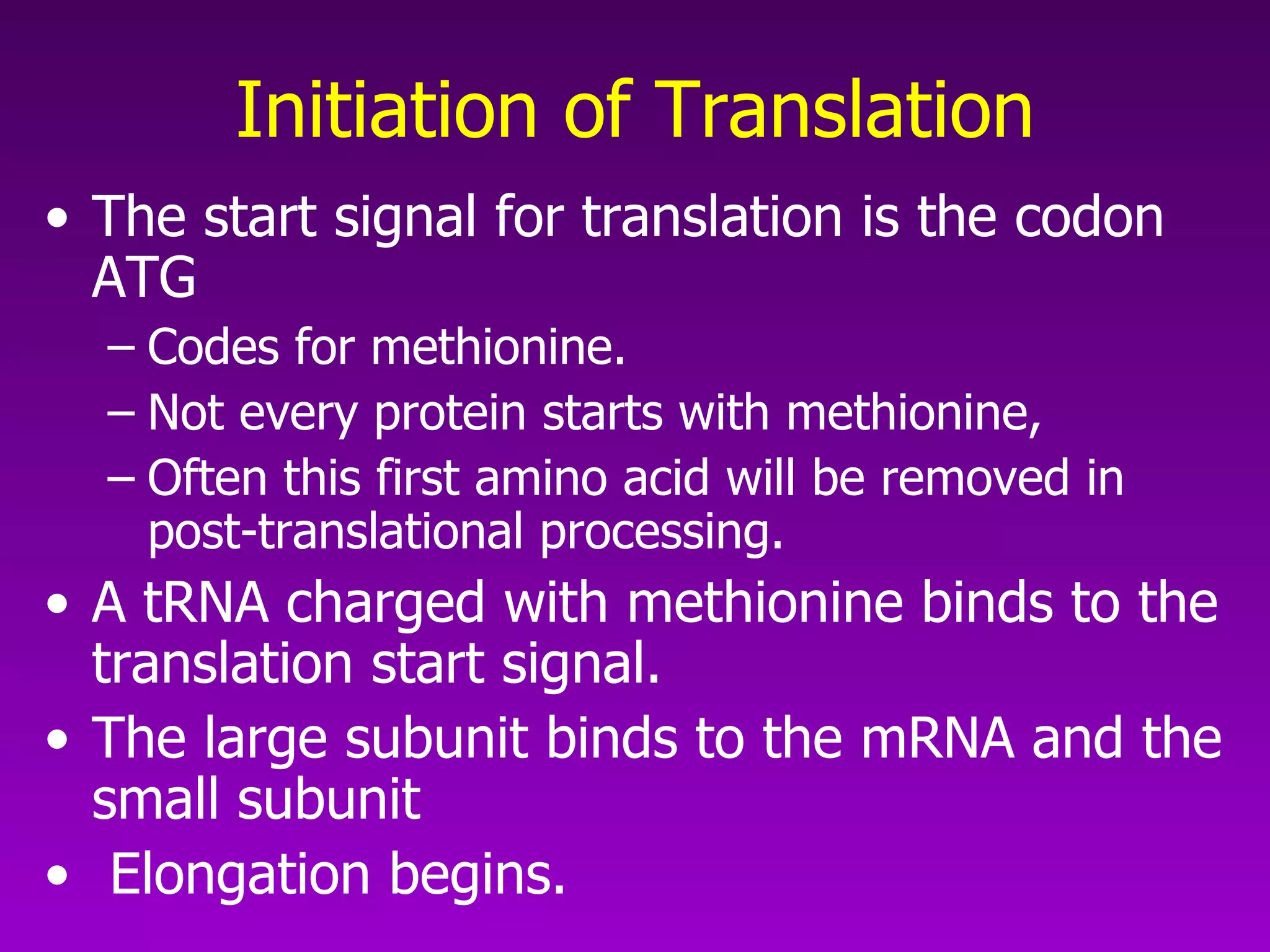 Initiation of Translation The start signal for translation is the codon ATG Codes for methionine.  Not every protein starts with methionine, Often this first amino acid will be removed in post-translational processing.  A tRNA charged with methionine binds to the translation start signal.  The large subunit binds to the mRNA and the small subunit Elongation begins.  