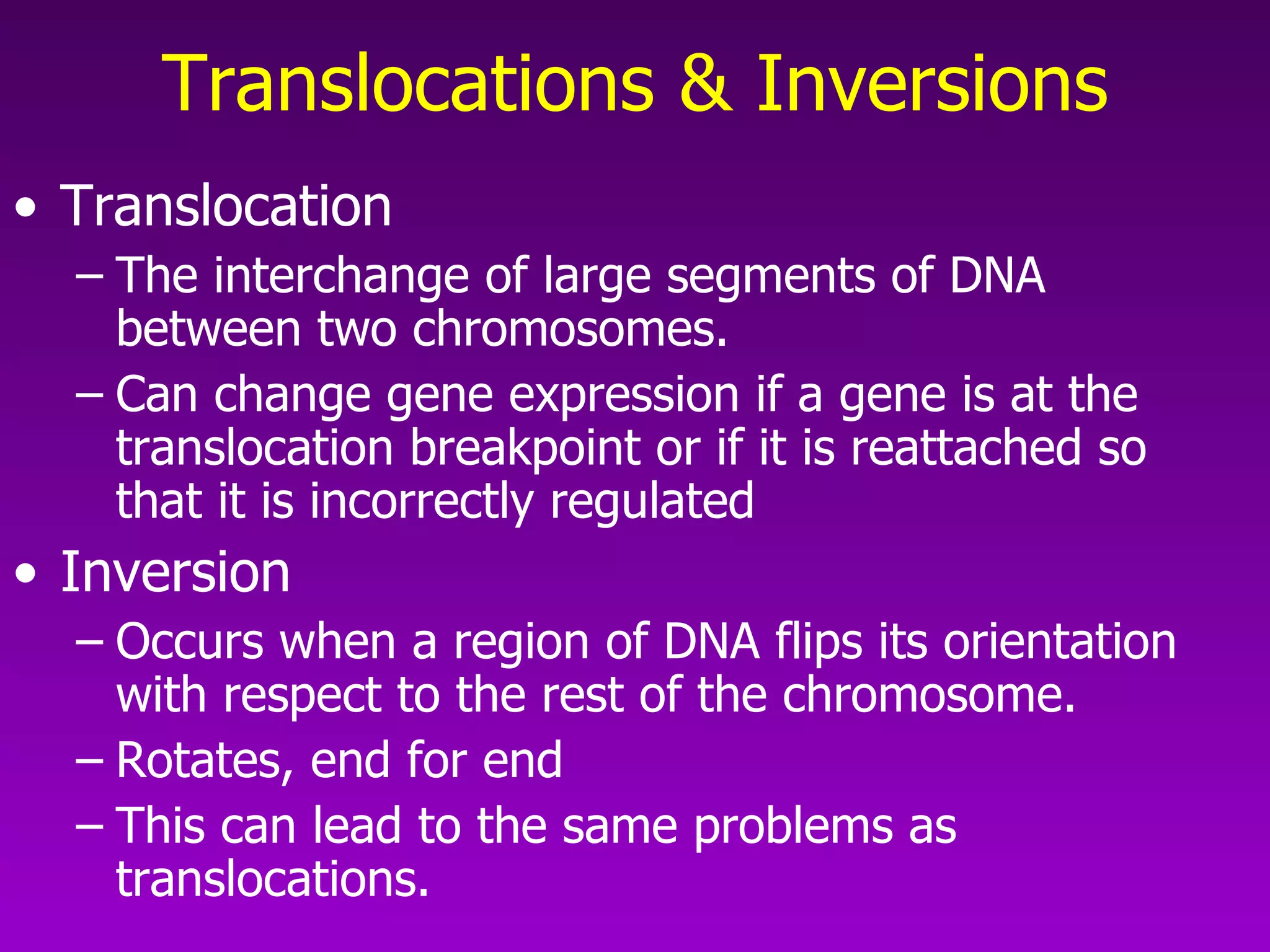 Translocations & Inversions Translocation The interchange of large segments of DNA between two chromosomes.  Can change gene expression if a gene is at the translocation breakpoint or if it is reattached so that it is incorrectly regulated Inversion Occurs when a region of DNA flips its orientation with respect to the rest of the chromosome.  Rotates, end for end This can lead to the same problems as translocations.  