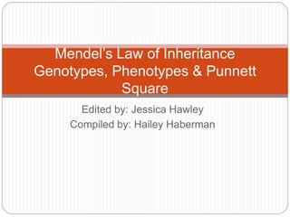 Edited by: Jessica Hawley
Compiled by: Hailey Haberman
Mendel’s Law of Inheritance
Genotypes, Phenotypes & Punnett
Square
 