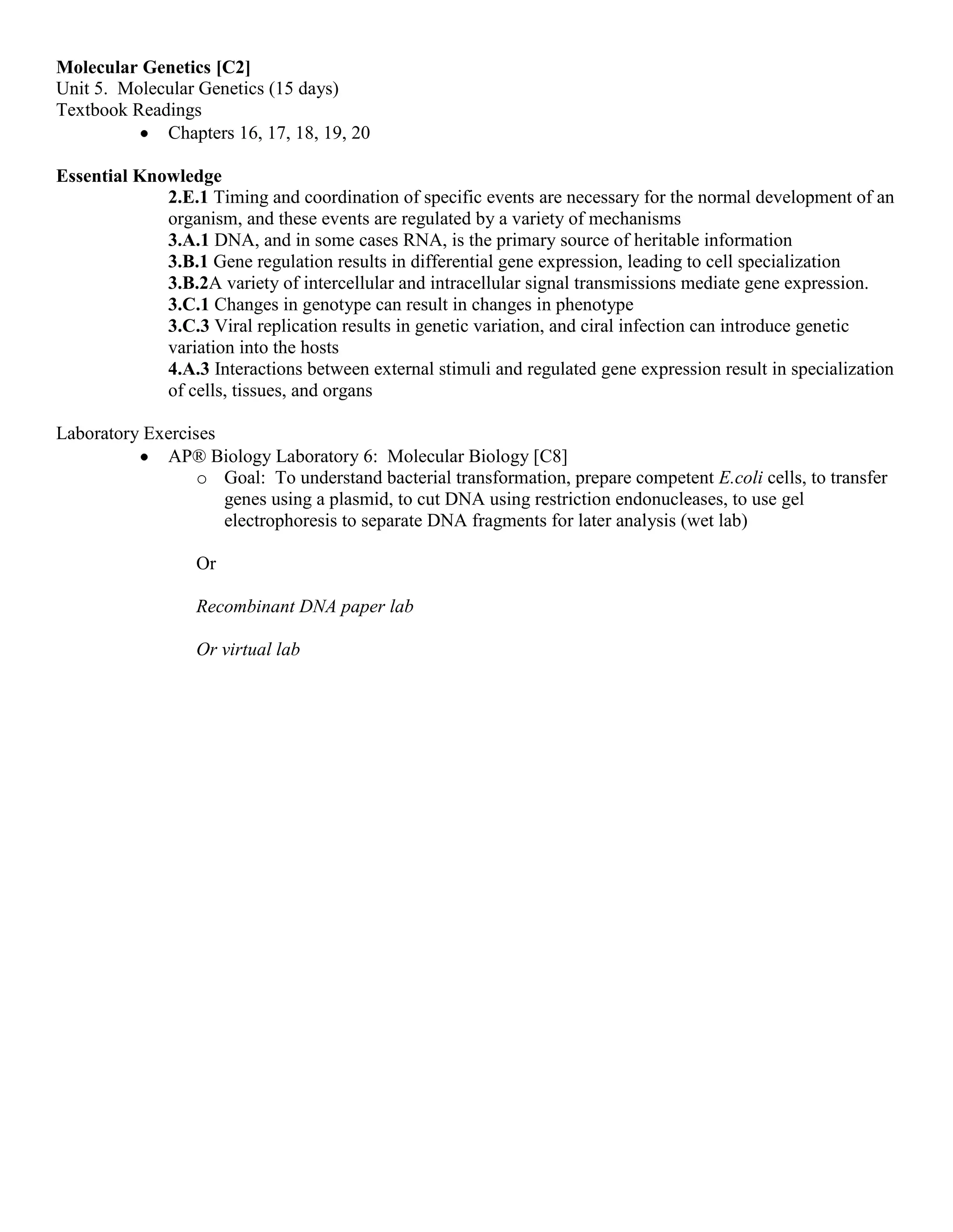 Molecular genetics unit at a glance | DOCX