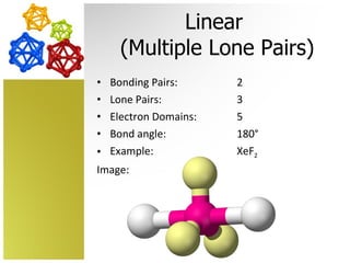 Linear  (Multiple Lone Pairs) Bonding Pairs:  2 Lone Pairs: 3 Electron Domains: 5 Bond angle: 180° Example: XeF 2 Image:  