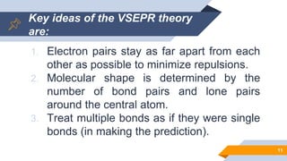 Key ideas of the VSEPR theory
are:
1. Electron pairs stay as far apart from each
other as possible to minimize repulsions.
2. Molecular shape is determined by the
number of bond pairs and lone pairs
around the central atom.
3. Treat multiple bonds as if they were single
bonds (in making the prediction).
11
 