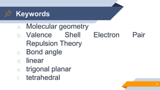 Keywords
a. Molecular geometry
b. Valence Shell Electron Pair
Repulsion Theory
c. Bond angle
d. linear
e. trigonal planar
f. tetrahedral
3
 