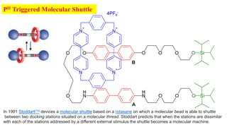 In 1991 Stoddart[14] devices a molecular shuttle based on a rotaxane on which a molecular bead is able to shuttle
between two docking stations situated on a molecular thread. Stoddart predicts that when the stations are dissimilar
with each of the stations addressed by a different external stimulus the shuttle becomes a molecular machine.
PH Triggered Molecular Shuttle
 