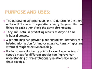  The purpose of genetic mapping is to determine the linear
order and distance of separation among the genes that are
linked to each other along the same chromosome.
 They are useful in predicting results of dihybrid and
trihybrid crosses.
 A genetic map can provide plant and animal breeders with
helpful information for improving agriculturally important
strains through selective breeding.
 Useful from evolutionary point of view. A comparison of
genetic maps for different species can improve our
understanding of the evolutionary relationships among
those species.
11
 