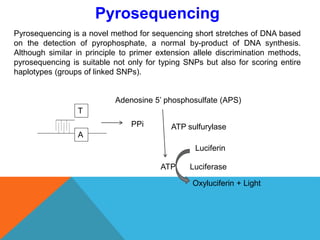 Pyrosequencing is a novel method for sequencing short stretches of DNA based
on the detection of pyrophosphate, a normal by-product of DNA synthesis.
Although similar in principle to primer extension allele discrimination methods,
pyrosequencing is suitable not only for typing SNPs but also for scoring entire
haplotypes (groups of linked SNPs).
Pyrosequencing
A
T
PPi
Adenosine 5’ phosphosulfate (APS)
ATP sulfurylase
ATP
Luciferin
Oxyluciferin + Light
Luciferase
 