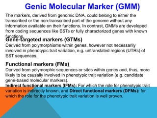 Genic Molecular Marker (GMM)
The markers, derived from genomic DNA, could belong to either the
transcribed or the non-transcribed part of the genome without any
information available on their functions. In contrast, GMMs are developed
from coding sequences like ESTs or fully characterized genes with known
functions.
Gene-targeted markers (GTMs)
Derived from polymorphisms within genes, however not necessarily
involved in phenotypic trait variation, e.g. untranslated regions (UTRs) of
EST sequences.
Functional markers (FMs)
Derived from polymorphic sequences or sites within genes and, thus, more
likely to be causally involved in phenotypic trait variation (e.g. candidate
gene-based molecular markers).
Indirect functional markers (IFMs): For which the role for phenotypic trait
variation is indirectly known, and Direct functional markers (DFMs): for
which the role for the phenotypic trait variation is well proven.
 