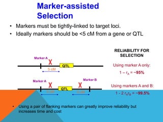 • Markers must be tightly-linked to target loci.
• Ideally markers should be <5 cM from a gene or QTL
Marker A
QTL
5 cM
RELIABILITY FOR
SELECTION
Using marker A only:
1 – rA = ~95%
Marker A
QTL
Marker B
5 cM 5 cM
Using markers A and B:
1 - 2 rArB = ~99.5%
• Using a pair of flanking markers can greatly improve reliability but
increases time and cost
Marker-assisted
Selection
 