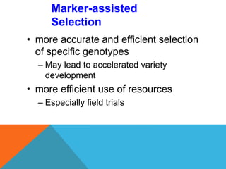 • more accurate and efficient selection
of specific genotypes
– May lead to accelerated variety
development
• more efficient use of resources
– Especially field trials
Marker-assisted
Selection
 