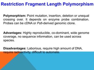 Restriction Fragment Length Polymorphism
Polymorphism: Point mutation, insertion, deletion or unequal
crossing over. It depends on enzyme probe combination.
Probes can be cDNA or PstI-derived genomic clone.
Advantages: Highly reproducible, co-dominant, wide genome
coverage, no sequence information, can be used across
species.
Disadvantages: Laborious, require high amount of DNA,
require radioactivity, difficult to automate.
 