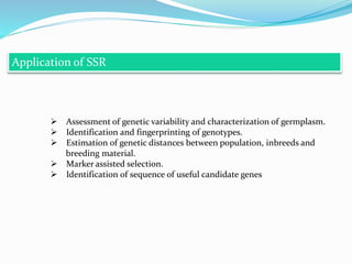 Application of SSR
 Assessment of genetic variability and characterization of germplasm.
 Identification and fingerprinting of genotypes.
 Estimation of genetic distances between population, inbreeds and
breeding material.
 Marker assisted selection.
 Identification of sequence of useful candidate genes
 