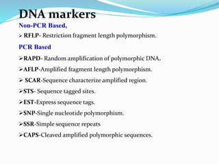 DNA markers
Non-PCR Based,
 RFLP- Restriction fragment length polymorphism.
PCR Based
RAPD- Random amplification of polymorphic DNA.
AFLP-Amplified fragment length polymorphism.
 SCAR-Sequence characterize amplified region.
STS- Sequence tagged sites.
EST-Express sequence tags.
SNP-Single nucleotide polymorphism.
SSR-Simple sequence repeats
CAPS-Cleaved amplified polymorphic sequences.
 