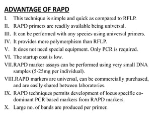ADVANTAGE OF RAPD
I. This technique is simple and quick as compared to RFLP.
II. RAPD primers are readily available being universal.
III. It can be performed with any species using universal primers.
IV. It provides more polymorphism than RFLP.
V. It does not need special equipment. Only PCR is required.
VI. The startup cost is low.
VII.RAPD marker assays can be performed using very small DNA
samples (5-25mg per individual).
VIII.RAPD markers are universal, can be commercially purchased,
and are easily shared between laboratories.
IX. RAPD techniques permits development of locus specific co-
dominant PCR based markers from RAPD markers.
X. Large no. of bands are produced per primer.
 