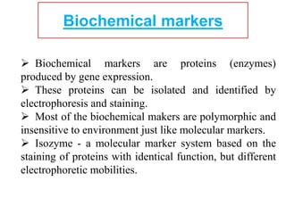 Biochemical markers
 Biochemical markers are proteins (enzymes)
produced by gene expression.
 These proteins can be isolated and identified by
electrophoresis and staining.
 Most of the biochemical makers are polymorphic and
insensitive to environment just like molecular markers.
 Isozyme - a molecular marker system based on the
staining of proteins with identical function, but different
electrophoretic mobilities.
 