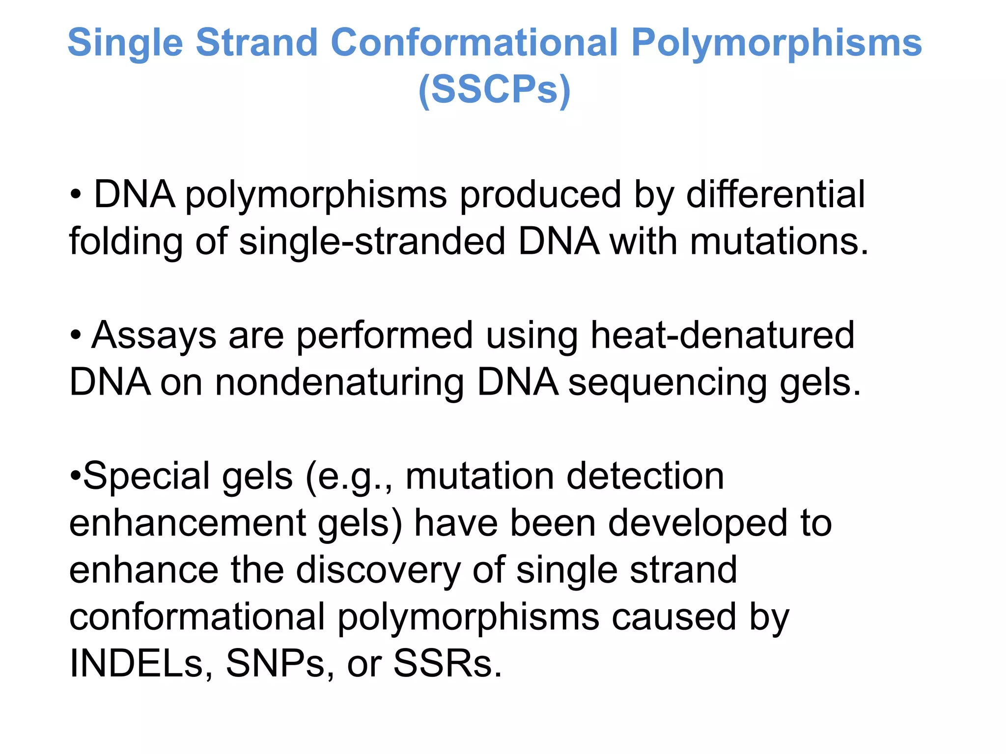 • DNA polymorphisms produced by differential
folding of single-stranded DNA with mutations.
• Assays are performed using heat-denatured
DNA on nondenaturing DNA sequencing gels.
•Special gels (e.g., mutation detection
enhancement gels) have been developed to
enhance the discovery of single strand
conformational polymorphisms caused by
INDELs, SNPs, or SSRs.
Single Strand Conformational Polymorphisms
(SSCPs)
 