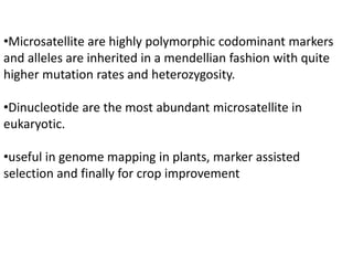 •Microsatellite are highly polymorphic codominant markers
and alleles are inherited in a mendellian fashion with quite
higher mutation rates and heterozygosity.
•Dinucleotide are the most abundant microsatellite in
eukaryotic.
•useful in genome mapping in plants, marker assisted
selection and finally for crop improvement
 